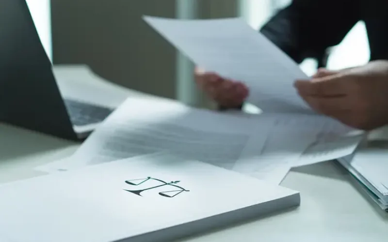 Man holding a legal document in hand. Lawyer holding law paper in office. Scale and justice symbol. Man holding a legal document in hand. Lawyer holding law paper in office.