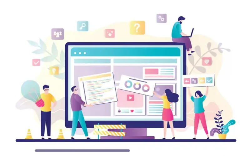 Business team working together on web page design. People building website interface on computer. Web development, teamwork, Business team working together on web page design. People building website interface on computer. Web development, teamwork, new internet project. Characters in trendy style. Flat vector illustration
